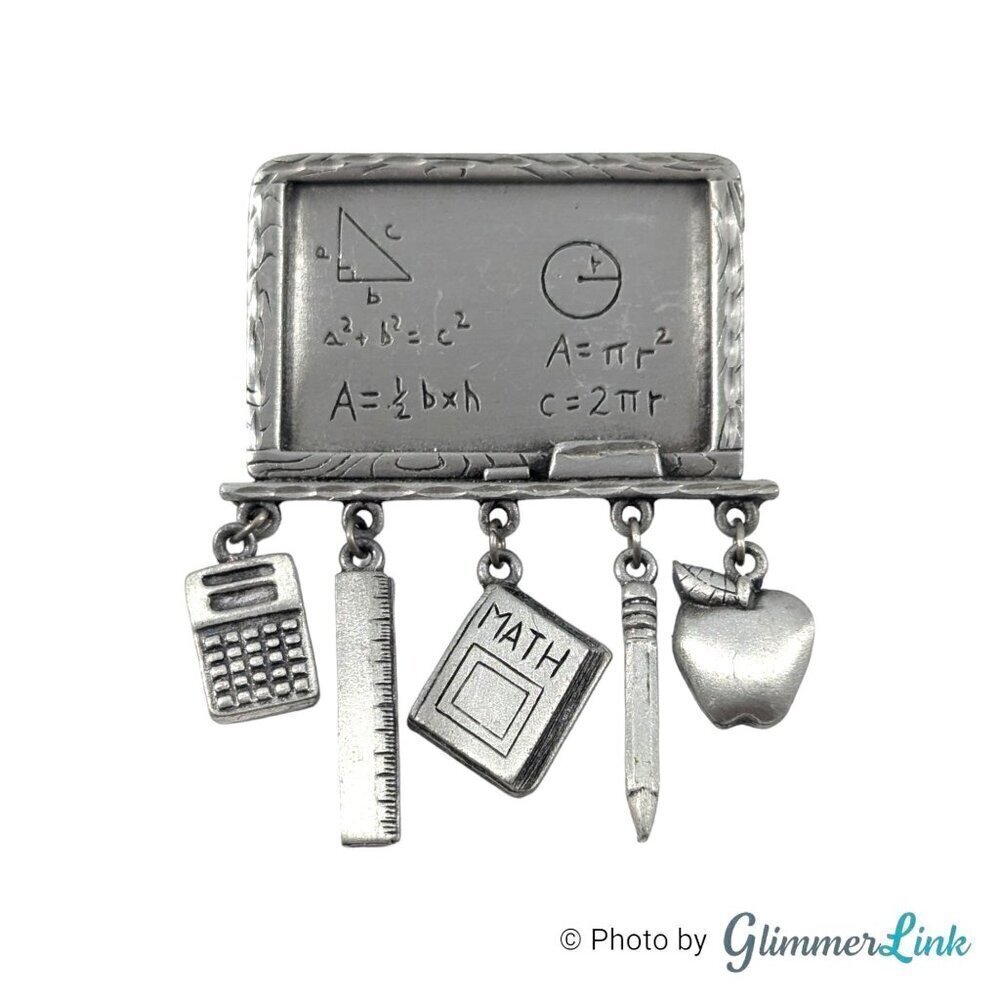 Vintage JJ Jonette Jewelry Math Teacher Pewter Dangling Charms Brooch Pin